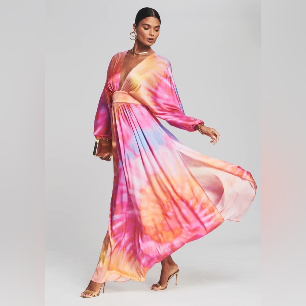 Retrofete Lila Sunset Tie Dye Rainbow Silk Plunging Neckline Maxi Dress Large